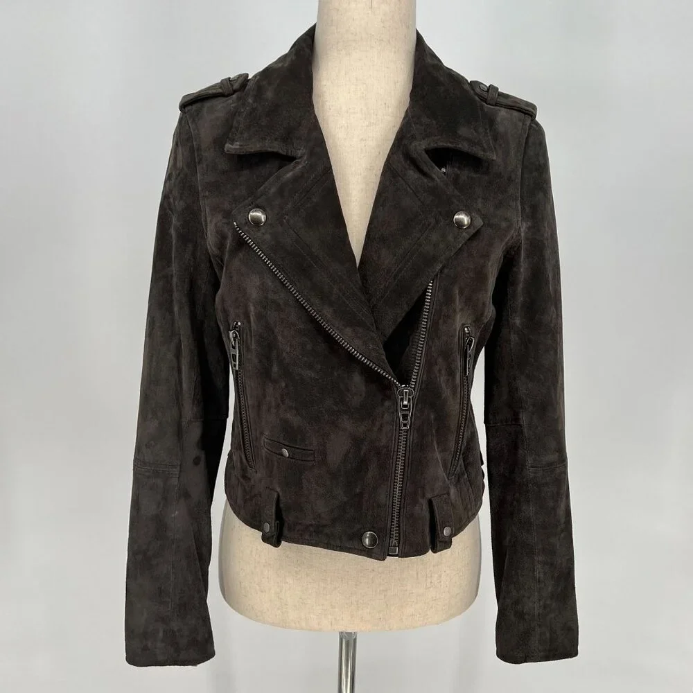 Blank NYC Womens Suede Cropped Moto Jacket Size S Dark Grey Biker‎ No Belt FLAWS